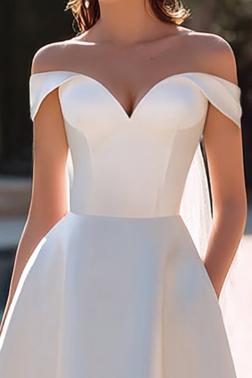 Off The Shoulder White A Line Short Courthouse Wedding Dress